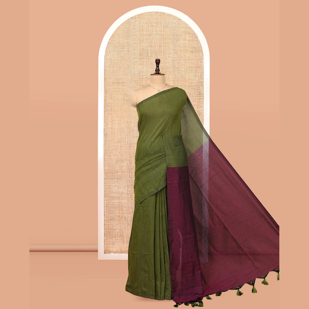 Pothys Borderless Olive-Green Plain Design Khadi Cotton Saree
